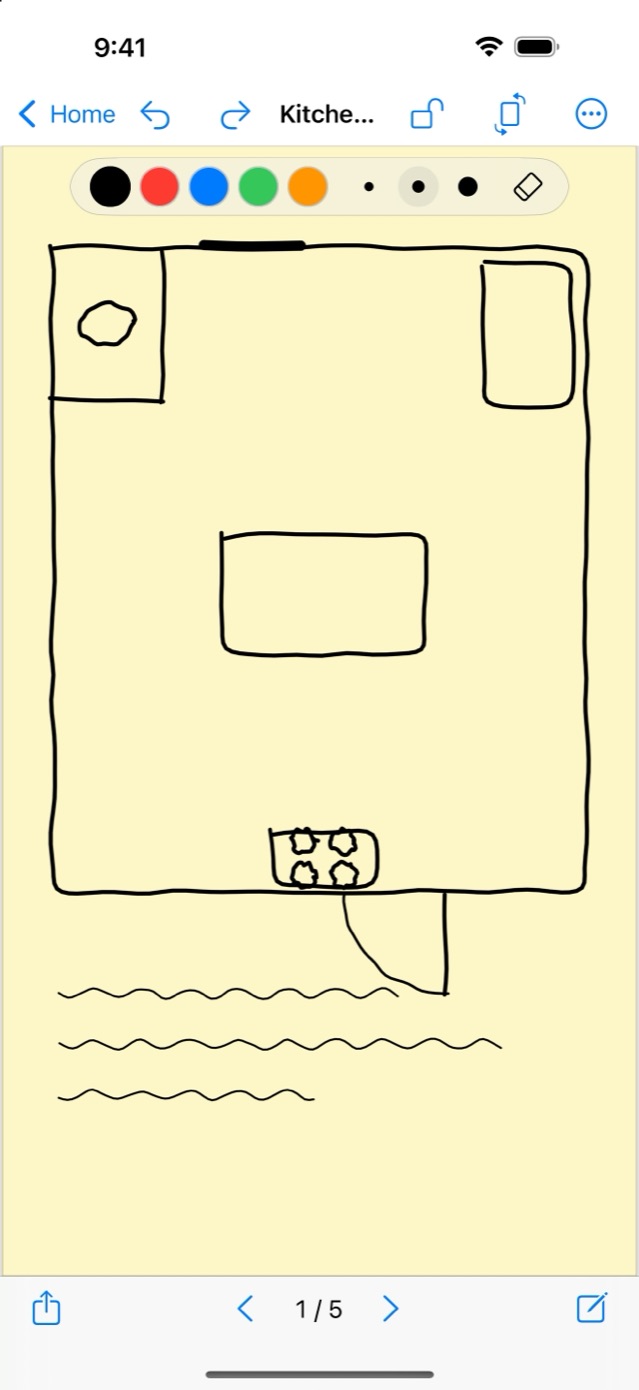 Drawing a kitchen floor plan with a finger in the Jots editor, pen tools at the top